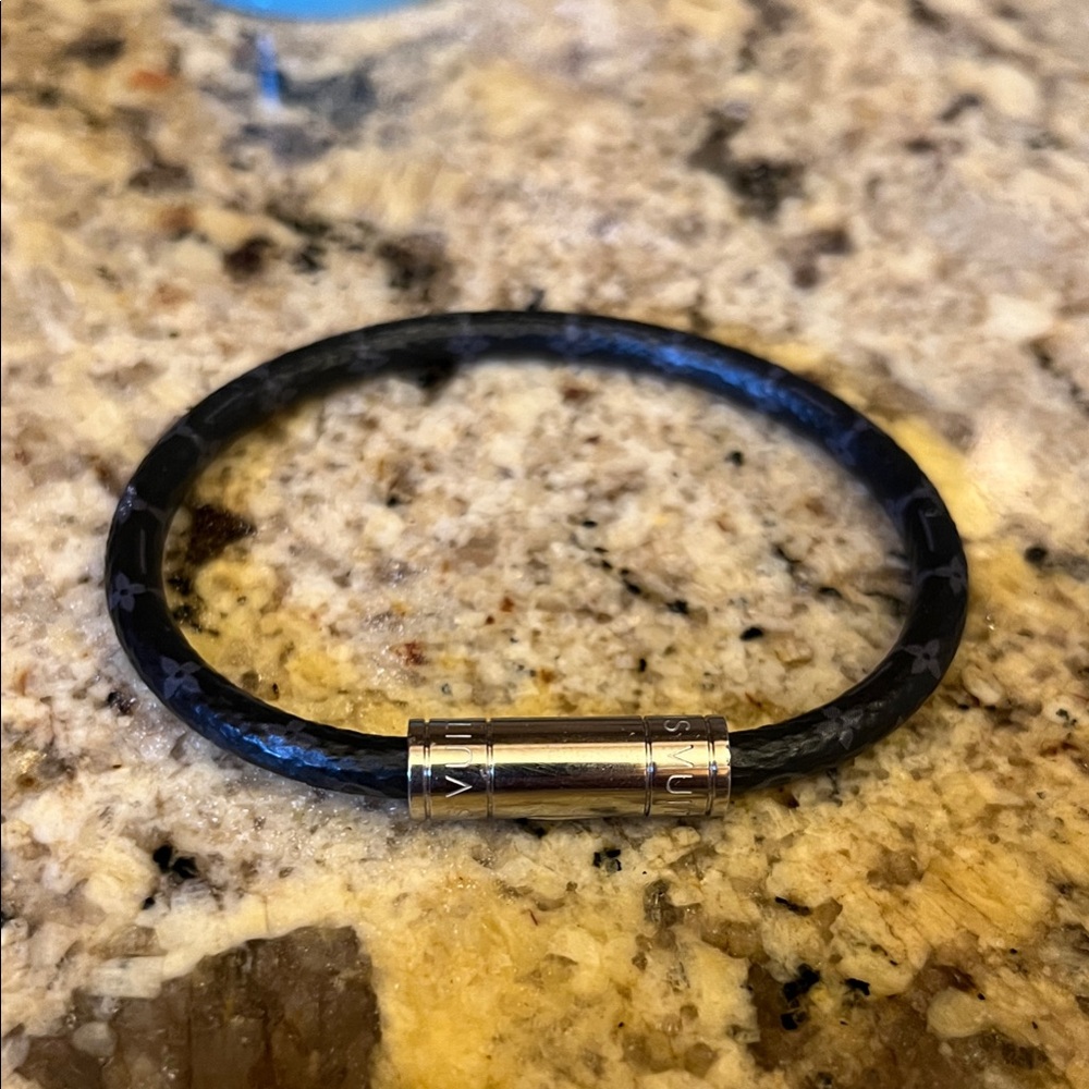 Louis Vuitton Black Monogram Leather Bracelet with Silver Clasp